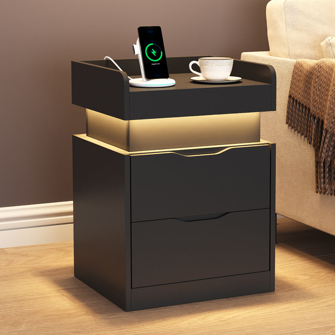 Black Nightstand with Charging Station, LED Smart Nightstand with 3 Hidden Drawer Modern Bedside Table End Side Table Nightstands for Bedroom Living Room 25" Tall
