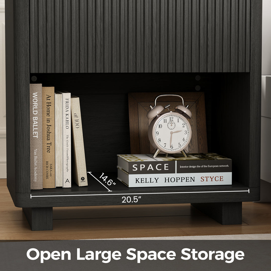 IDEALSOUL Nightstand, Fluted Bedside Table with Charging Station, End Table with open Storage, Large Wooden Night Stands Bedside for Bedroom Living Room