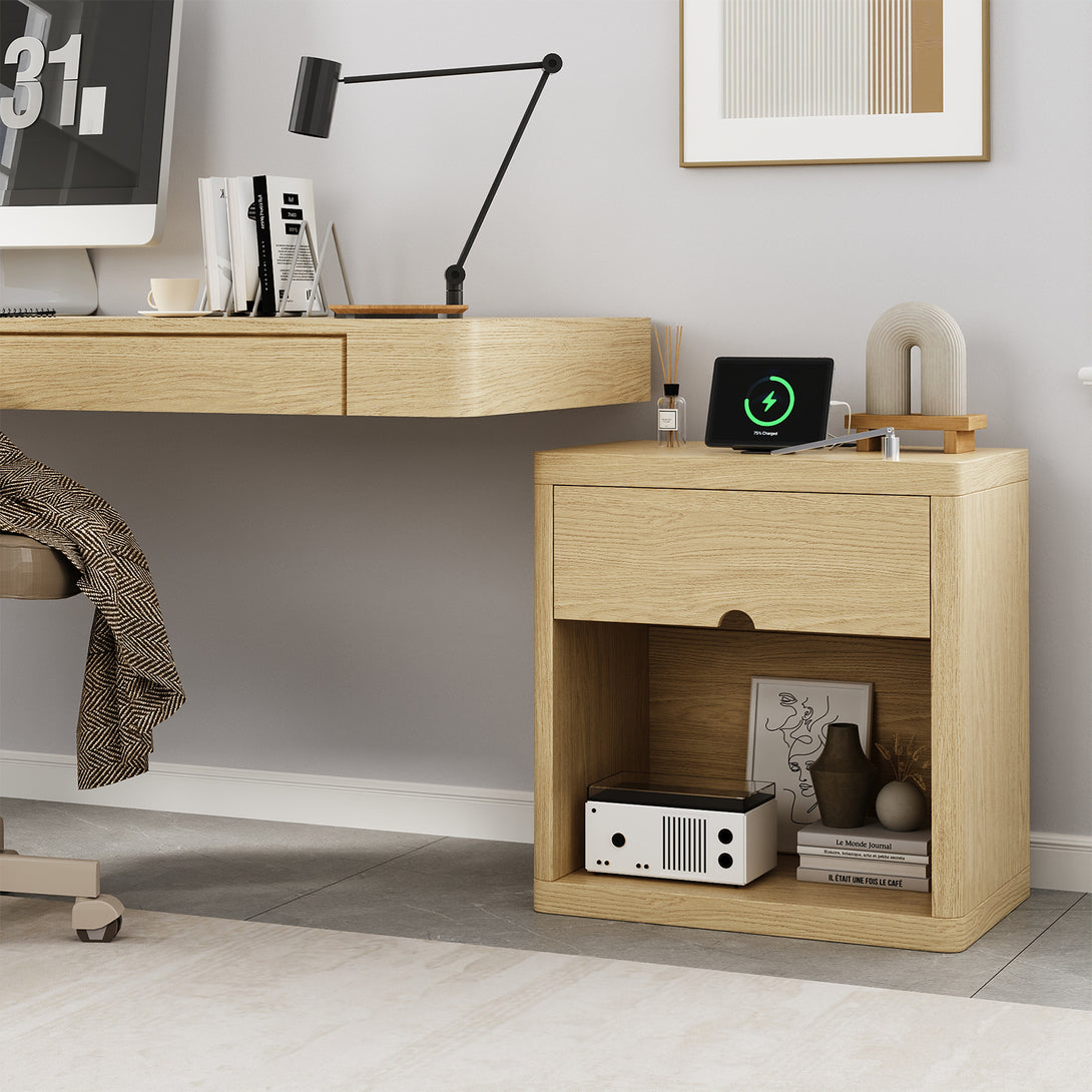 IDEALSOUL Nightstand , Nightstand with Charging Station, 24inch Bedside Table with Curved Top Corners, Crescent Shaped Buckle, Wooden End Table for Bedroom Living Room