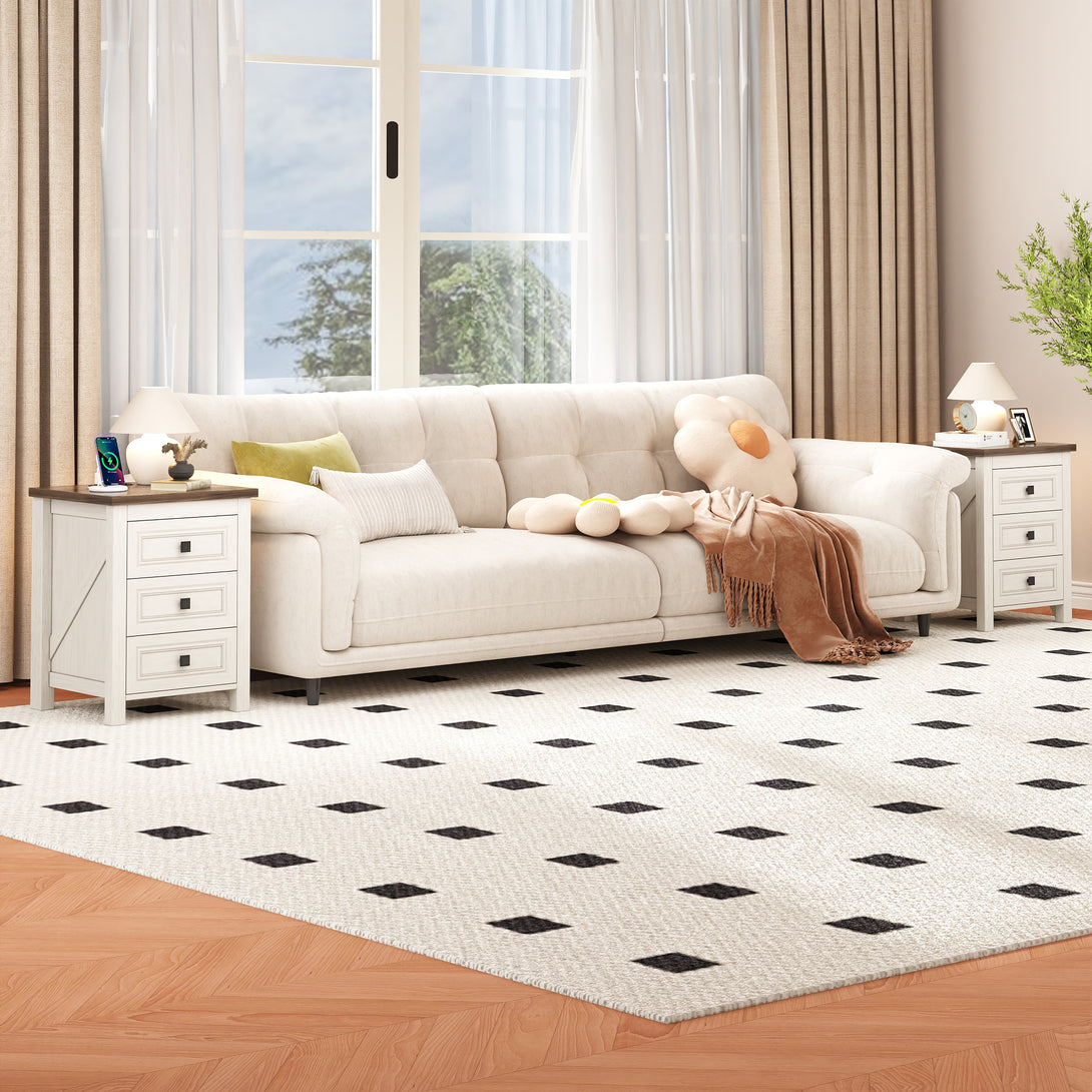 Nightstand Set of 2, bedside table with charging station, White farmhouse 3 drawer nightstand Rustic night stand end tables for bedroom Living Room