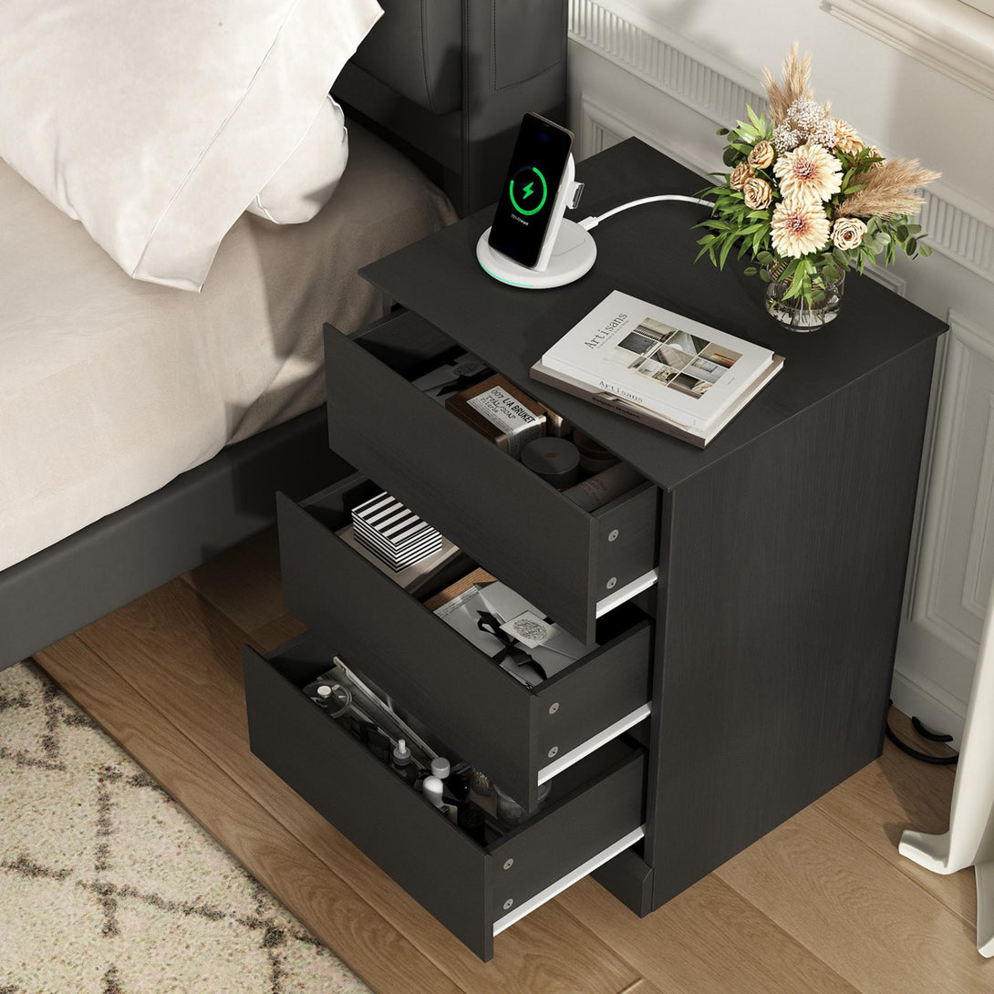 3 Drawers Nightstand with Charging Station, Bedside Table with Storage for Living Room Bedroom