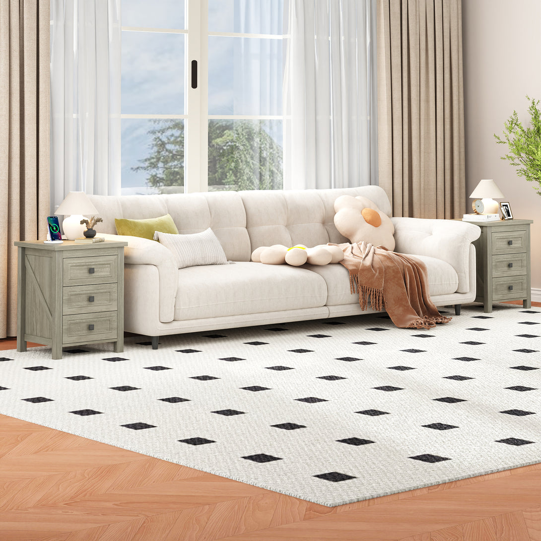 Nightstand Set of 2, bedside table with charging station, White farmhouse 3 drawer nightstand Rustic night stand end tables for bedroom Living Room