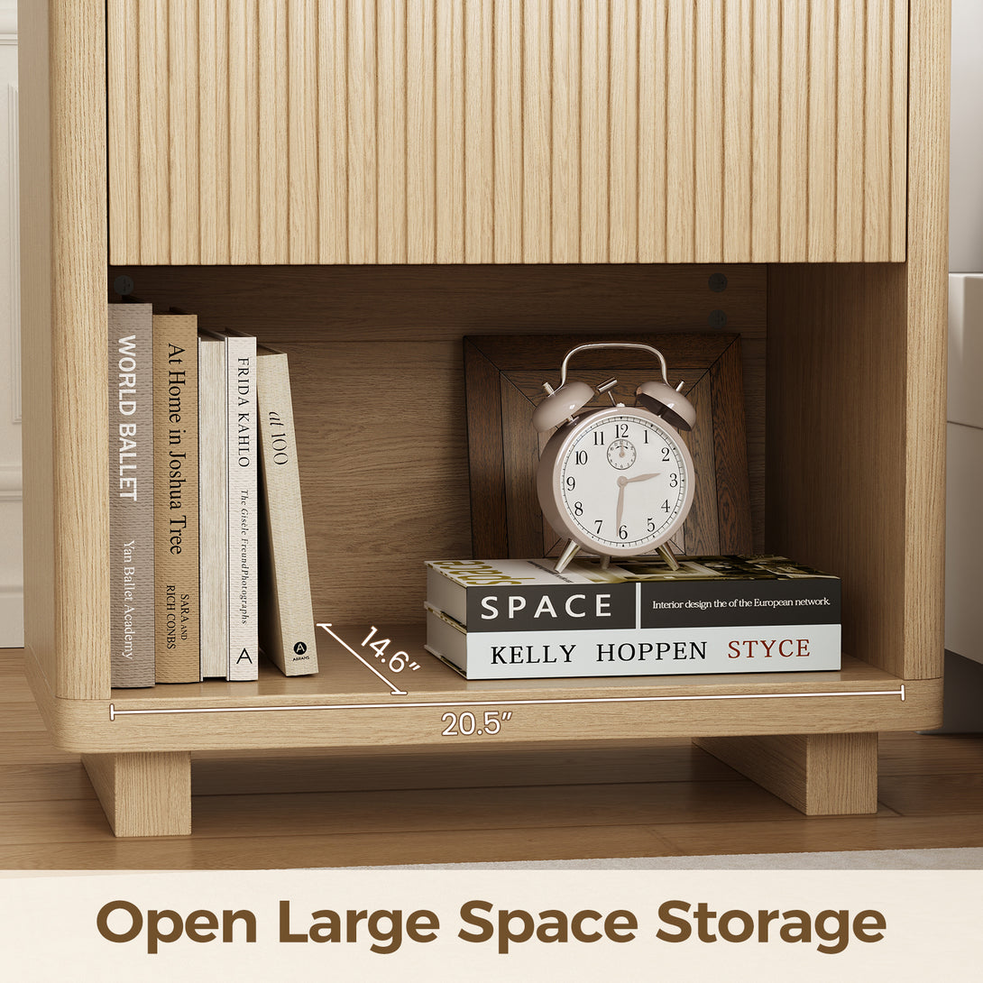 IDEALSOUL Nightstand, Fluted Bedside Table with Charging Station, End Table with open Storage, Large Wooden Night Stands Bedside for Bedroom Living Room