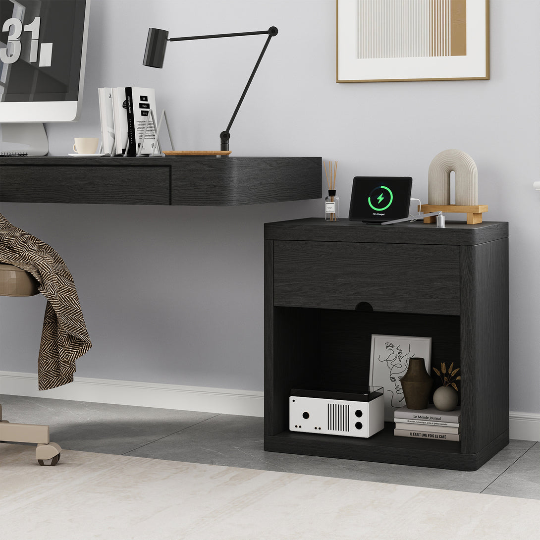 IDEALSOUL Nightstand , Nightstand with Charging Station, 24inch Bedside Table with Curved Top Corners, Crescent Shaped Buckle, Wooden End Table for Bedroom Living Room