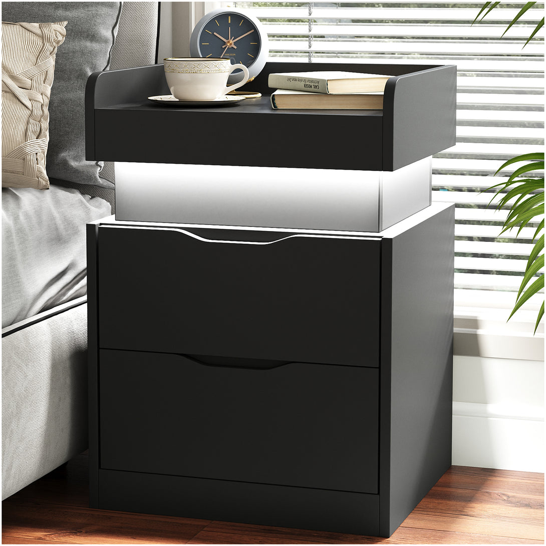 Black Nightstand with Charging Station, LED Smart Nightstand with 3 Hidden Drawer Modern Bedside Table End Side Table Nightstands for Bedroom Living Room 25" Tall