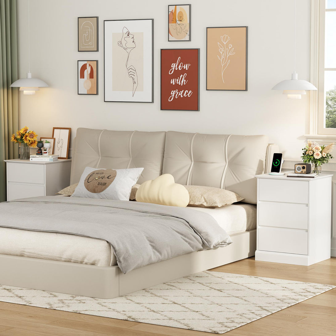 3 Drawers Nightstand with Charging Station, Bedside Table with Storage for Living Room Bedroom