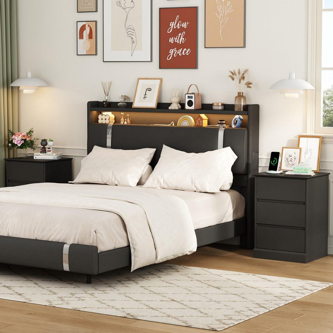 3 Drawers Nightstand with Charging Station, Bedside Table with Storage for Living Room Bedroom