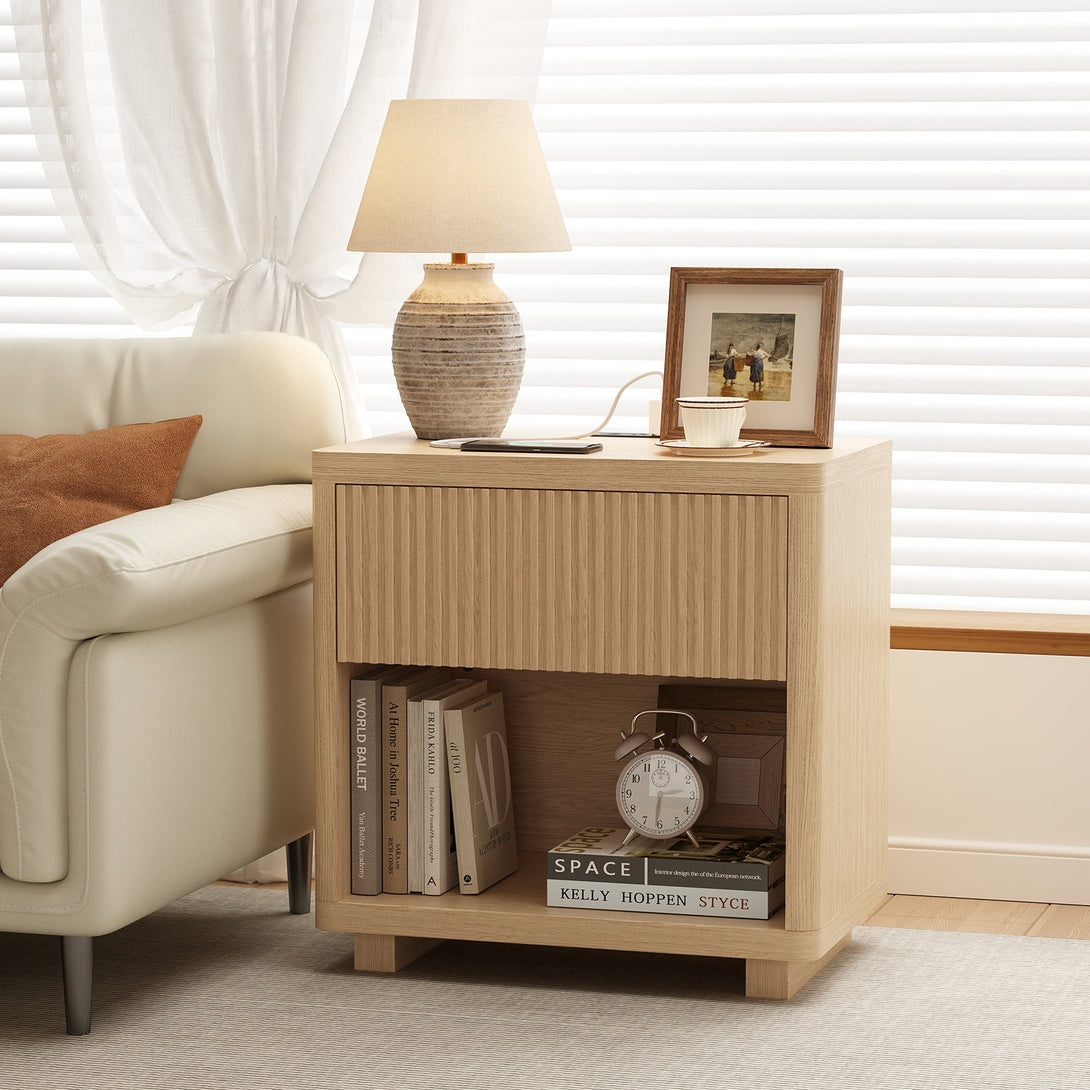IDEALSOUL Nightstand, Fluted Bedside Table with Charging Station, End Table with open Storage, Large Wooden Night Stands Bedside for Bedroom Living Room