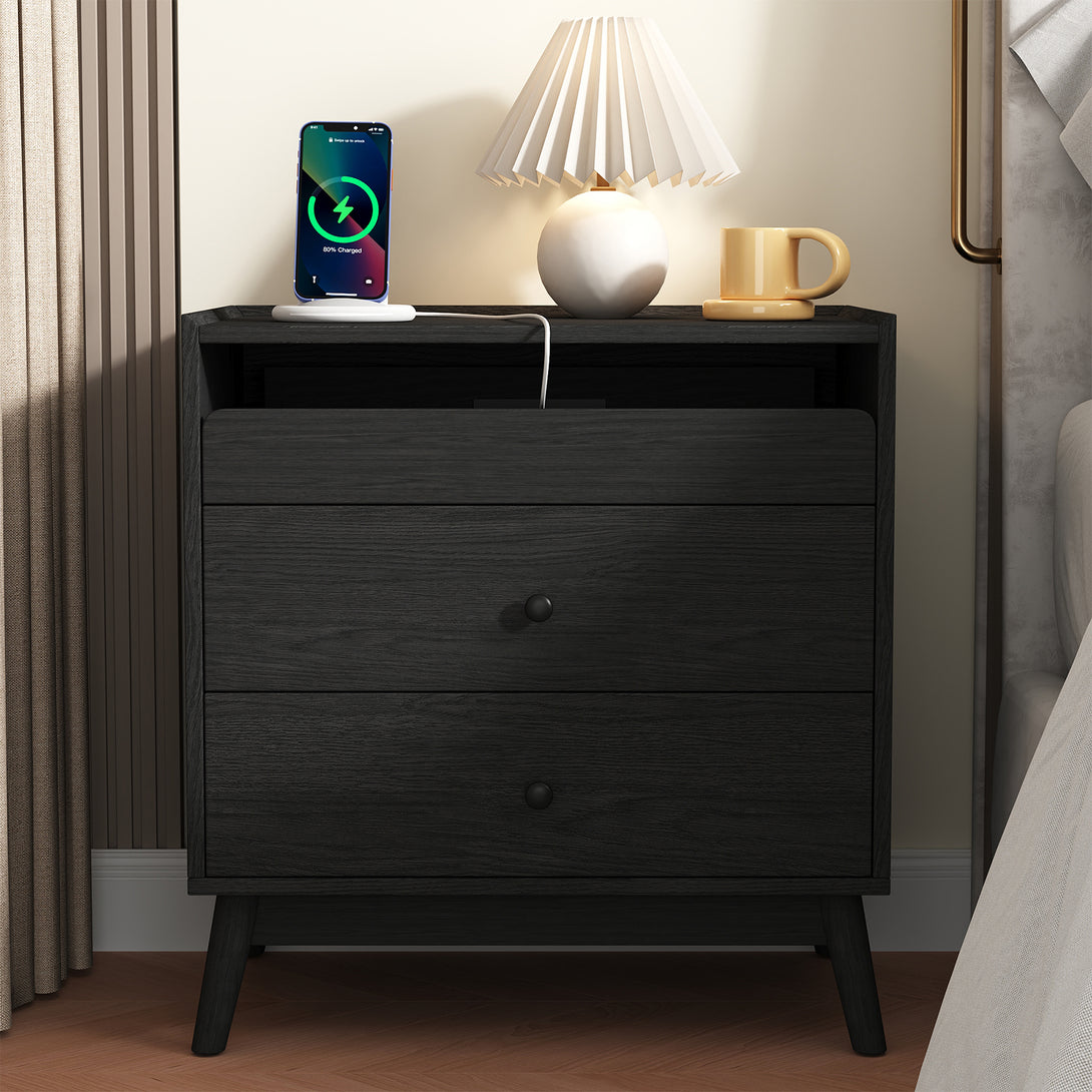 Nightstand Bedside Table, 25"H×23.6"W 3 Drawer Dresser with Hidden Charging Station, End Side Table for Bedroom Furniture