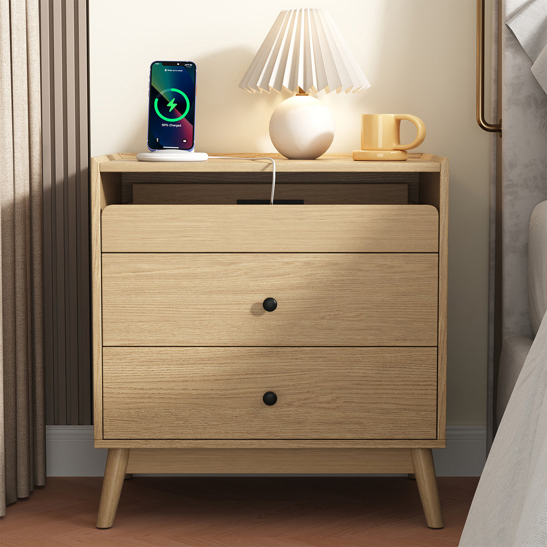 Nightstand Bedside Table, 25"H×23.6"W 3 Drawer Dresser with Hidden Charging Station, End Side Table for Bedroom Furniture