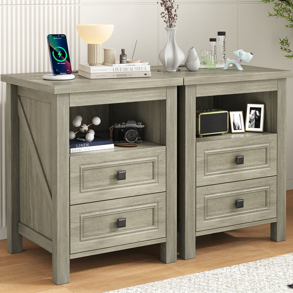 Nightstand set of 2 with Charging Station, Rustic Bedside Table Farmhouse Nightstand with 2 Drawers End Tables Night Stand for Bedroom Living Room, Gray