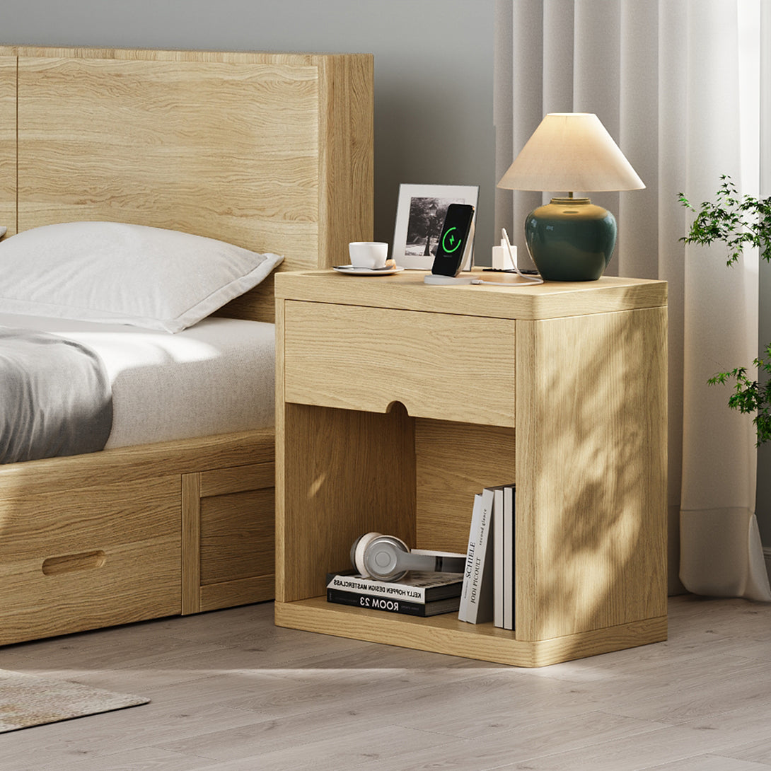 IDEALSOUL Nightstand , Nightstand with Charging Station, 24inch Bedside Table with Curved Top Corners, Crescent Shaped Buckle, Wooden End Table for Bedroom Living Room