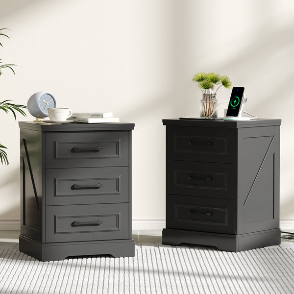 IDEALSOUL Nightstand Set of 2,Black Farmhouse End Table with Charging Station,3 Drawers Storage