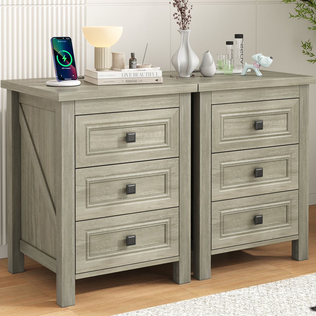 Nightstand Set of 2, bedside table with charging station, White farmhouse 3 drawer nightstand Rustic night stand end tables for bedroom Living Room