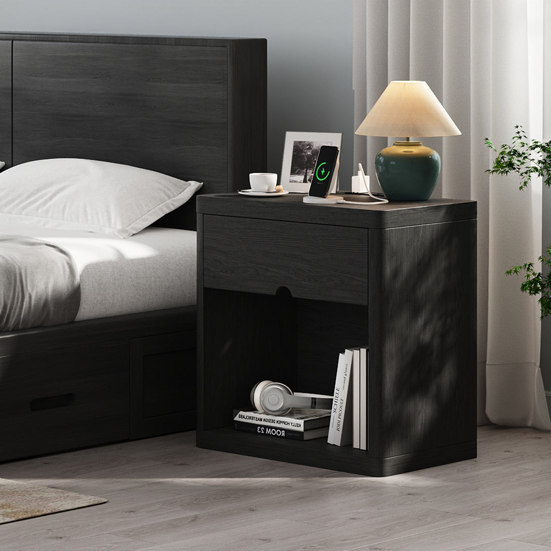 IDEALSOUL Nightstand , Nightstand with Charging Station, 24inch Bedside Table with Curved Top Corners, Crescent Shaped Buckle, Wooden End Table for Bedroom Living Room