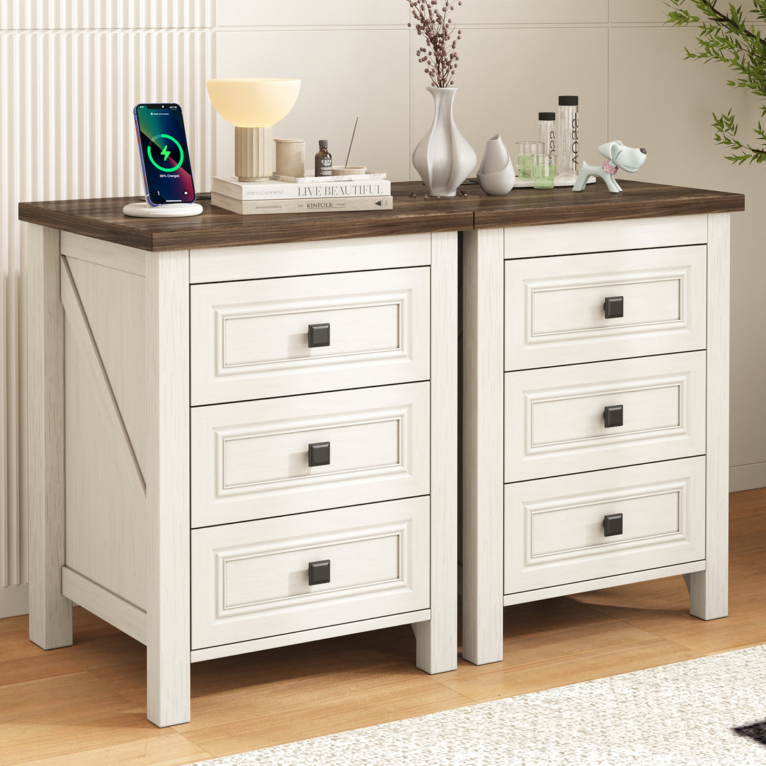 Nightstand Set of 2, bedside table with charging station, White farmhouse 3 drawer nightstand Rustic night stand end tables for bedroom Living Room