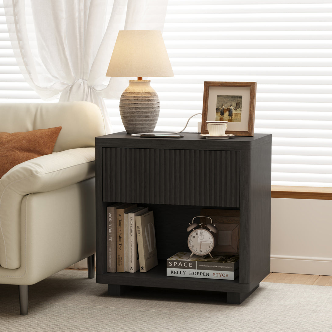 IDEALSOUL Nightstand, Fluted Bedside Table with Charging Station, End Table with open Storage, Large Wooden Night Stands Bedside for Bedroom Living Room