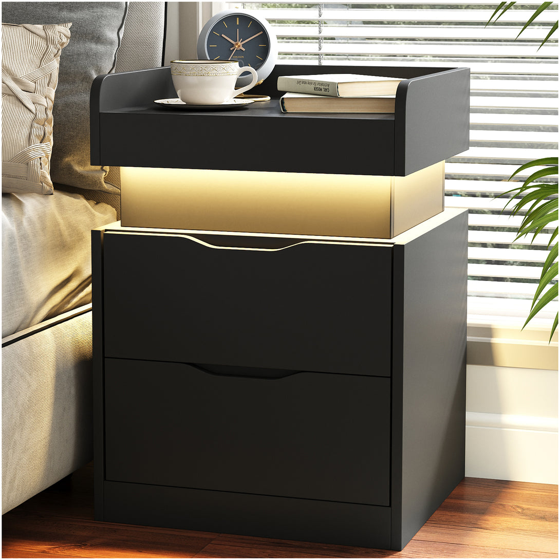 Black Nightstand with Charging Station, LED Smart Nightstand with 3 Hidden Drawer Modern Bedside Table End Side Table Nightstands for Bedroom Living Room 25" Tall