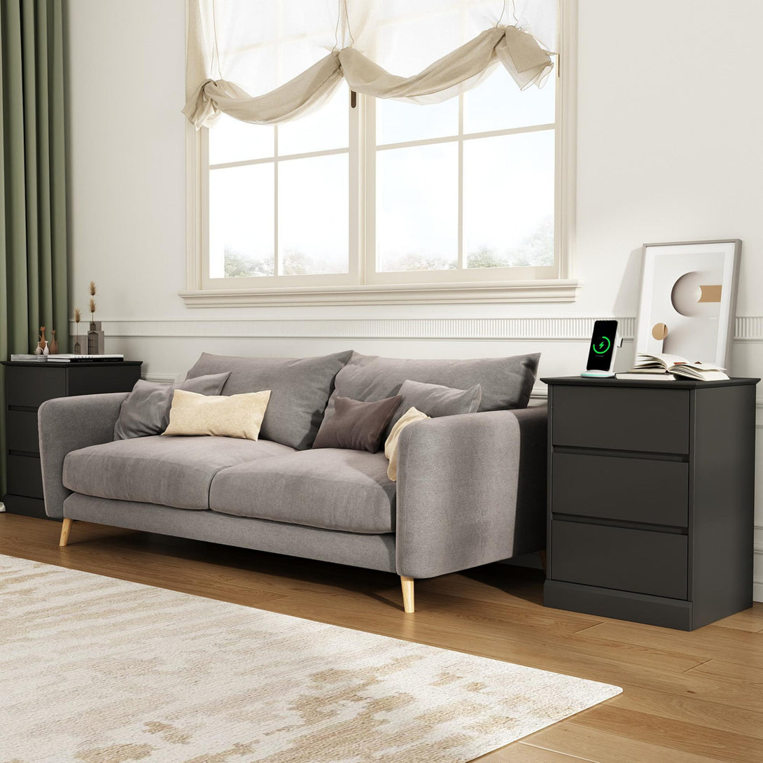 3 Drawers Nightstand with Charging Station, Bedside Table with Storage for Living Room Bedroom