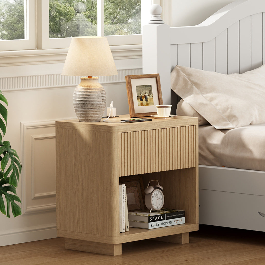 IDEALSOUL Nightstand, Fluted Bedside Table with Charging Station, End Table with open Storage, Large Wooden Night Stands Bedside for Bedroom Living Room