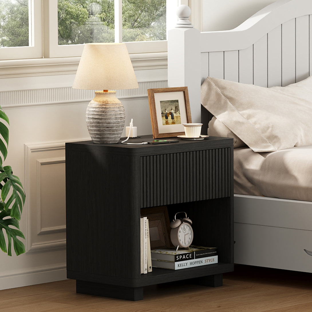 IDEALSOUL Nightstand, Fluted Bedside Table with Charging Station, End Table with open Storage, Large Wooden Night Stands Bedside for Bedroom Living Room