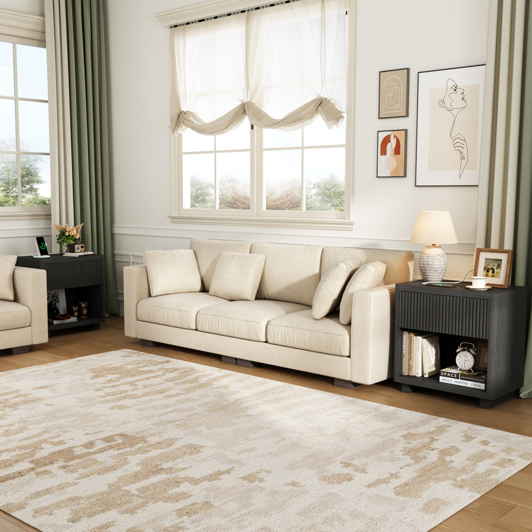 IDEALSOUL Nightstand, Fluted Bedside Table with Charging Station, End Table with open Storage, Large Wooden Night Stands Bedside for Bedroom Living Room