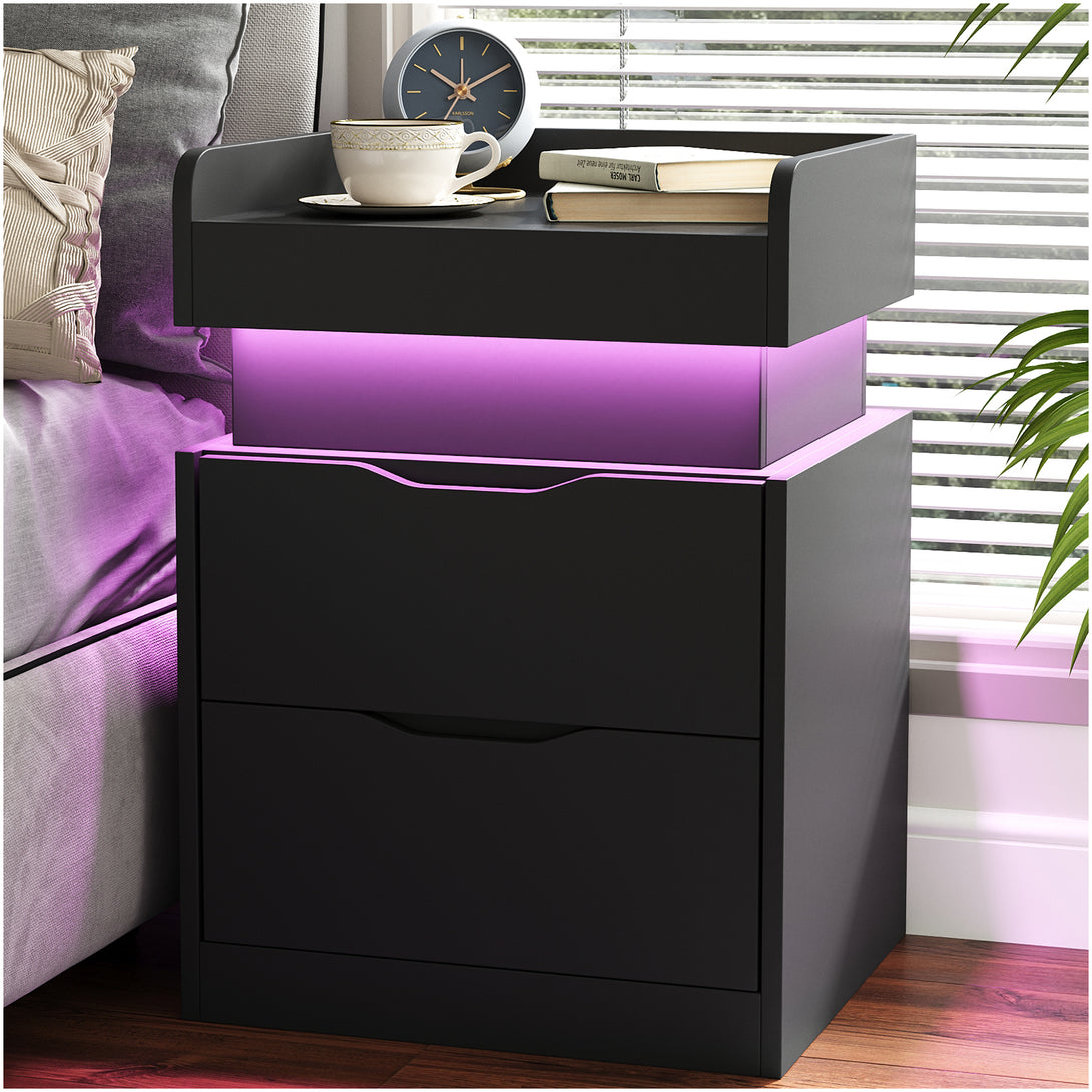 Black Nightstand with Charging Station, LED Smart Nightstand with 3 Hidden Drawer Modern Bedside Table End Side Table Nightstands for Bedroom Living Room 25" Tall