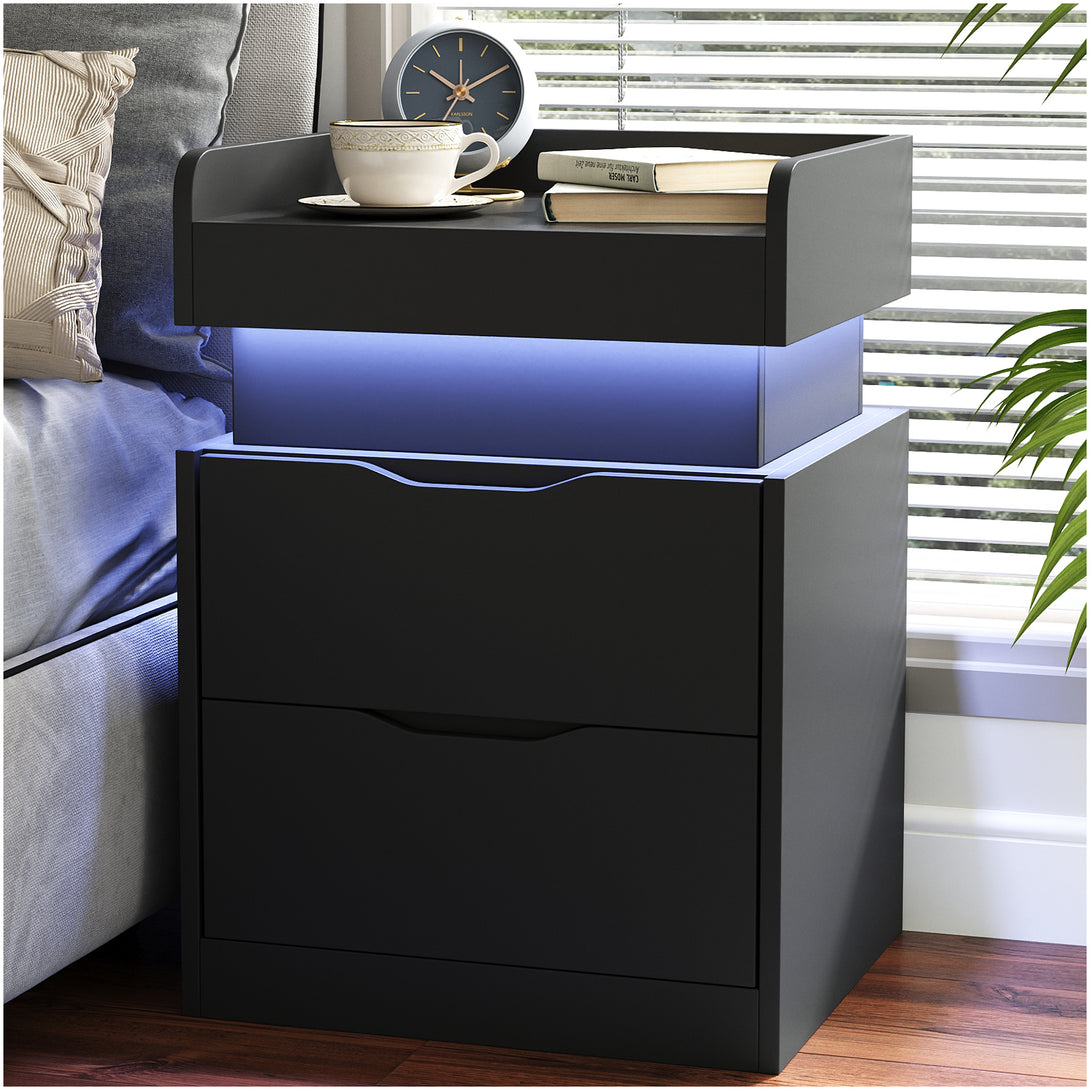 Black Nightstand with Charging Station, LED Smart Nightstand with 3 Hidden Drawer Modern Bedside Table End Side Table Nightstands for Bedroom Living Room 25" Tall