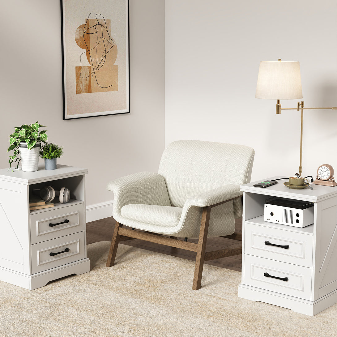 Nightstand with Charging Station, Farmhouse Nightstands with 2 Drawers Storage Side Table Bedside Cabinet for Bedroom Living Room