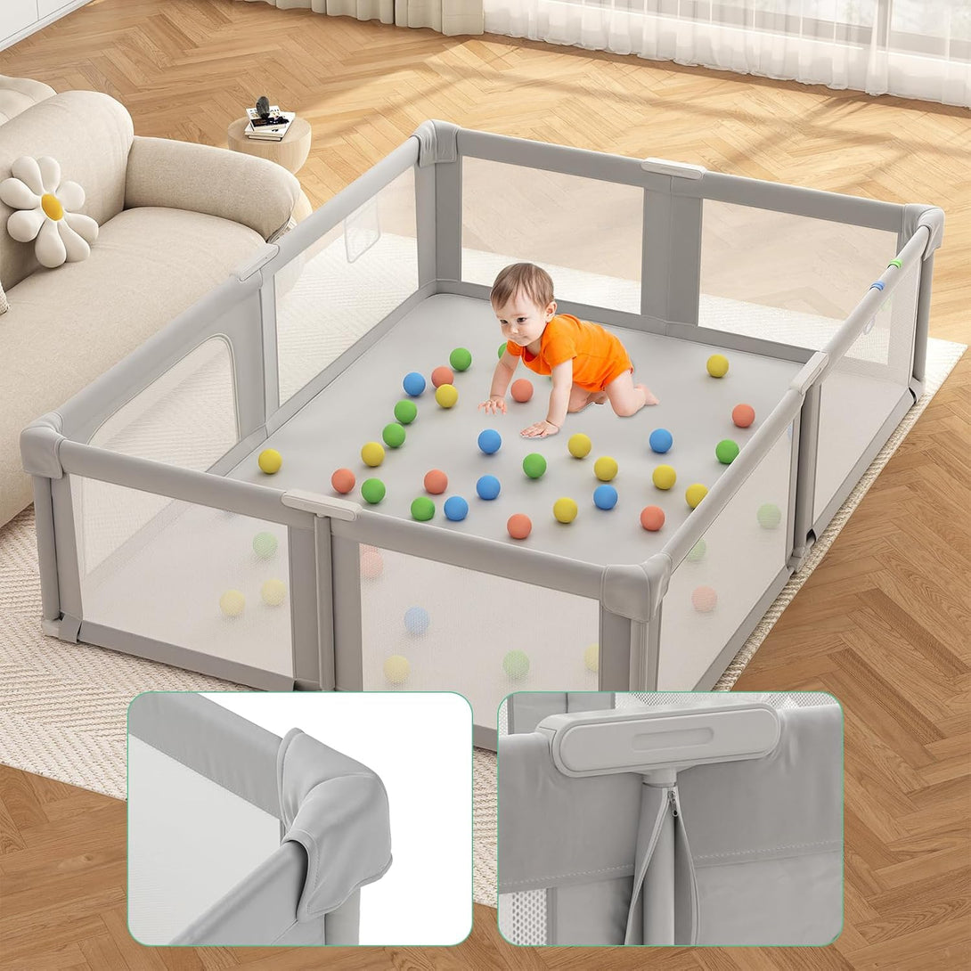 Baby Playpen, 70×61 In Play Yard, Foldable Large Playpens for Babies and Toddlers, with Mat and Carry Bag, Indoor & Outdoor Pack and Play, Oxford Fabric, Light Gray