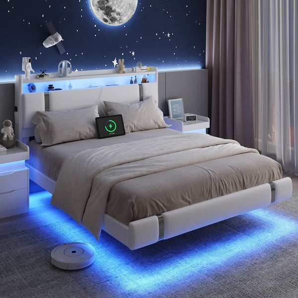 IDEALSOUL Queen Size Bed Frame with LED Lights,Floating Metal Platform Bed with Storage Headboard,No Box Spring Needed,Easy to Assemble (Queen,White)