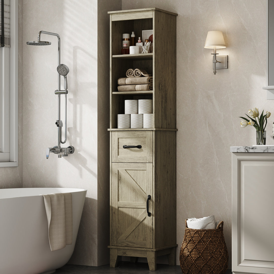 IDEALSOUL Tall Bathroom Storage Cabinet, Narrow Storage Cabinet, Freestanding Linen Cabinet with Barn Door and Drawer