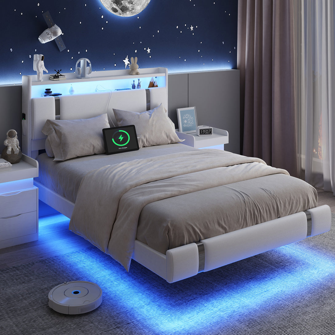 IDEALSOUL Full Size Bed Frame with LED Lights,Floating Metal Platform Bed with Storage Headboard,No Box Spring Needed,Easy to Assemble