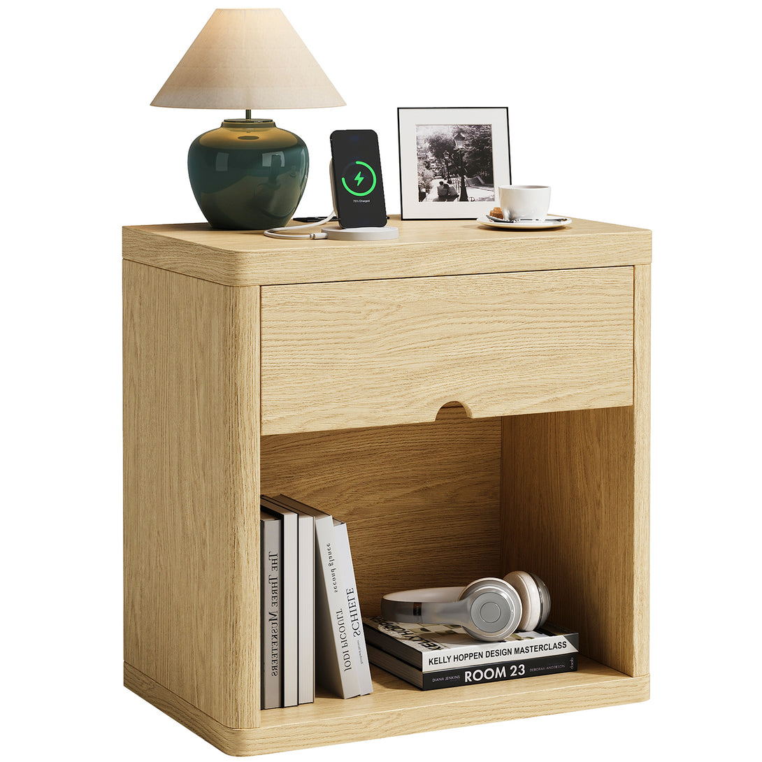 IDEALSOUL Nightstand , Nightstand with Charging Station, 24inch Bedside Table with Curved Top Corners, Crescent Shaped Buckle, Wooden End Table for Bedroom Living Room