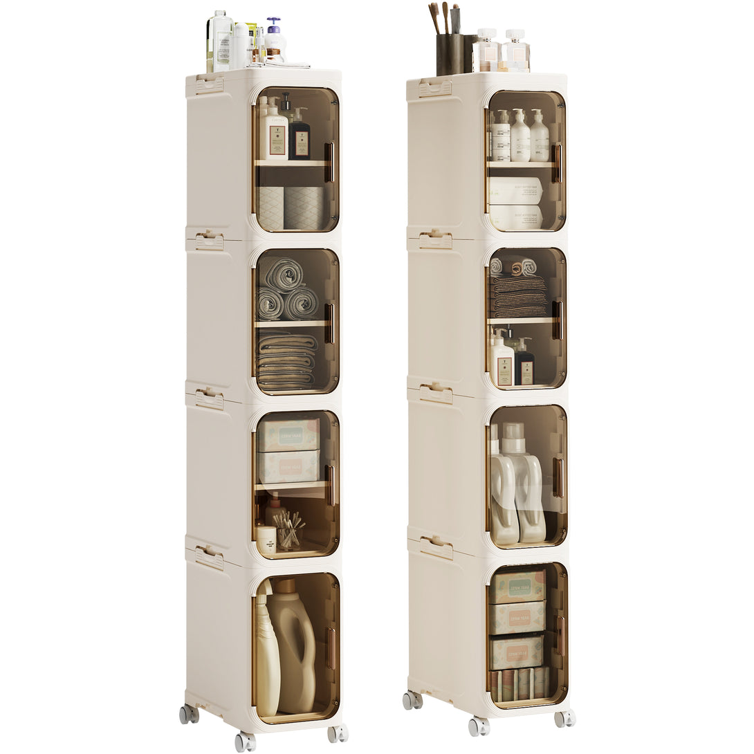 Narrow Storage Cabinet, Slim Bathromm Storage Cabinet With Wheels, Removable Partitions, Transparent Doors, Narrow Cabinet For Small Spaces, Bathroom, Bedroom, Living Room, Laundry