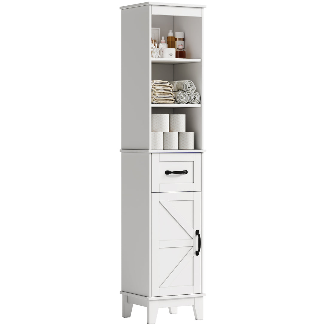 IDEALSOUL Tall Bathroom Storage Cabinet, Narrow Storage Cabinet, Freestanding Linen Cabinet with Barn Door and Drawer