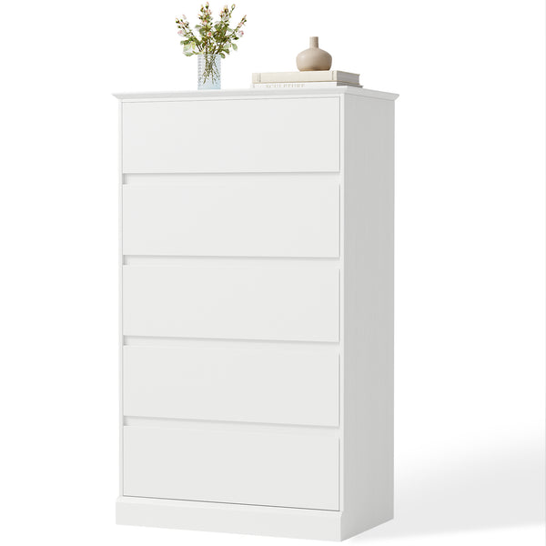 White Dresser for Bedroom with 5 Drawers, Simply Modern Chest of Drawers, Wood Storage Dresser with Deep Drawers for Living Room Hallway Entryway,