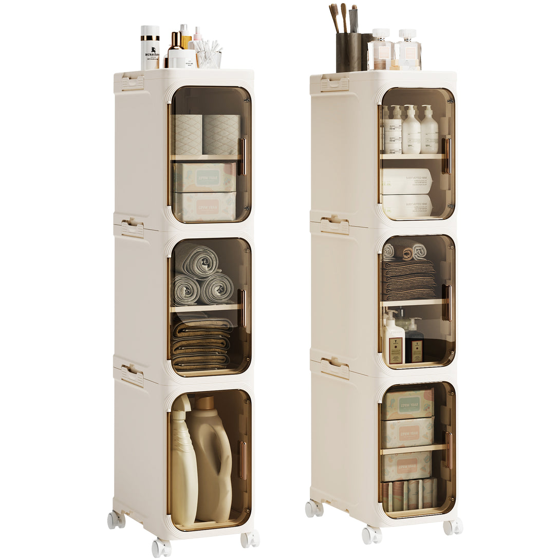 Narrow Storage Cabinet, Slim Bathromm Storage Cabinet With Wheels, Removable Partitions, Transparent Doors, Narrow Cabinet For Small Spaces, Bathroom, Bedroom, Living Room, Laundry