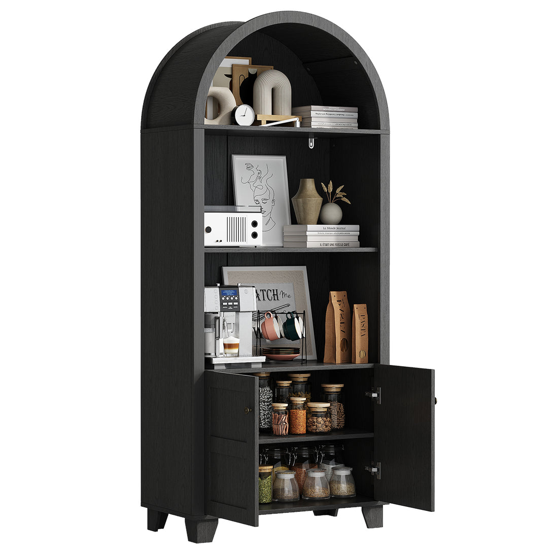 IDEALSOUL Arched Cabinet, 70-Inch Kitchen Pantry Storage Cabinet, Open Shelf Storage Cabinet with 2 Doors and 5 Shelves