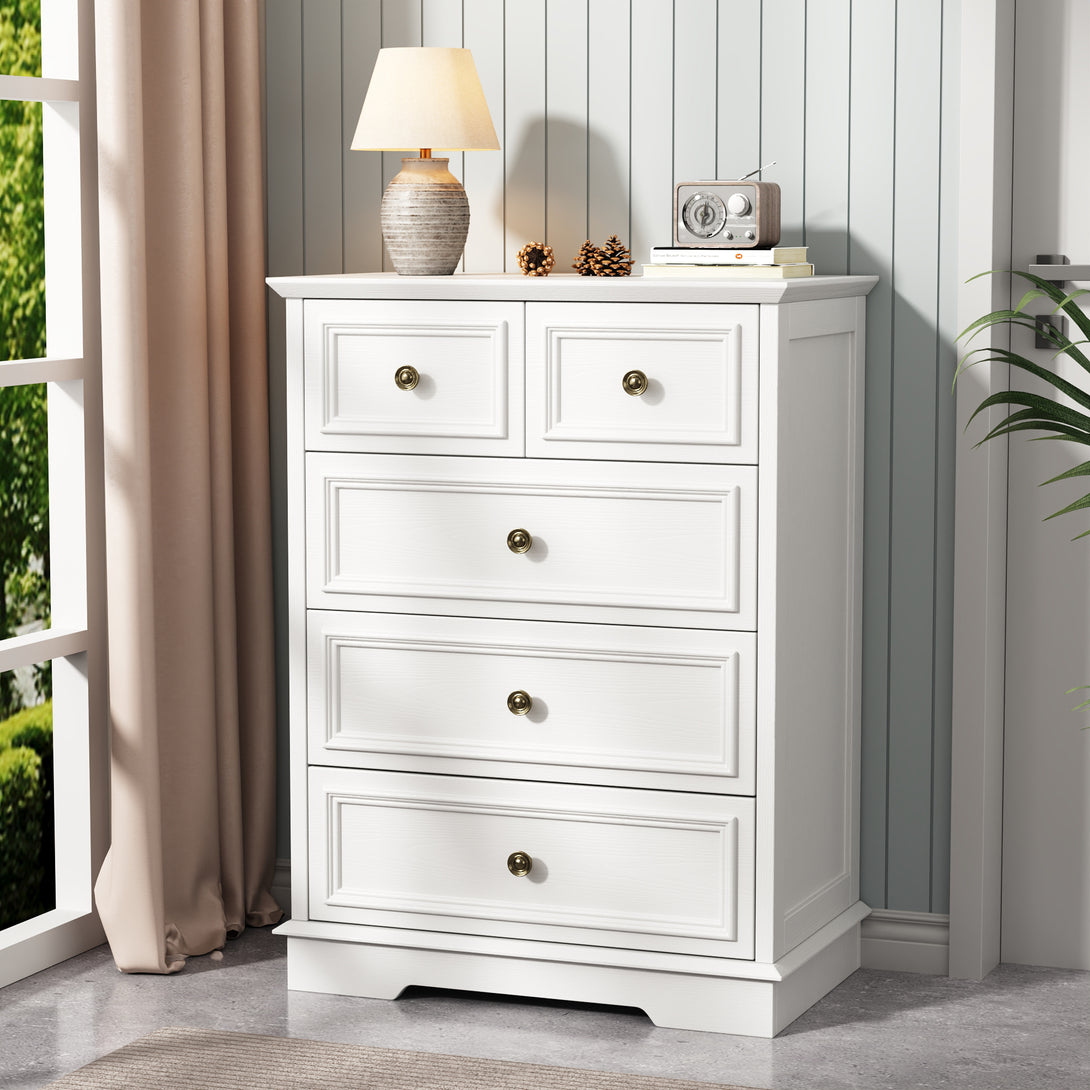 IDEALSOUL 5 Drawer Dresser for Bedroom, White Rustic Style Chest of Drawers, Retro Style 5 Drawer Dresser for Bedroom, Living Room, Bathroom