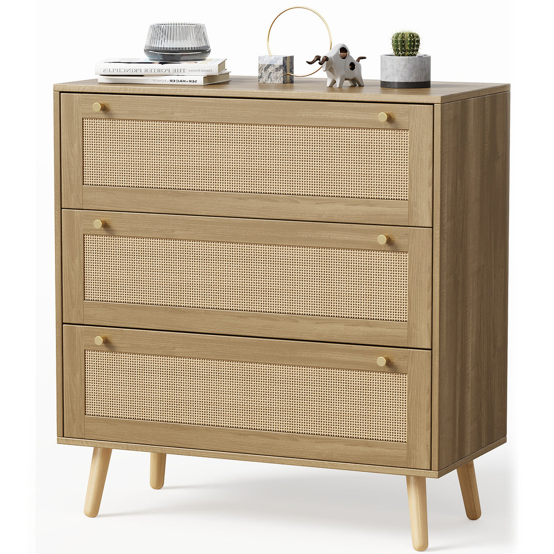 Dresser for Bedroom, Farmhouse Rattan Dressers, 3 Drawers Dressers Chest for Bedroom Hallway Living Room