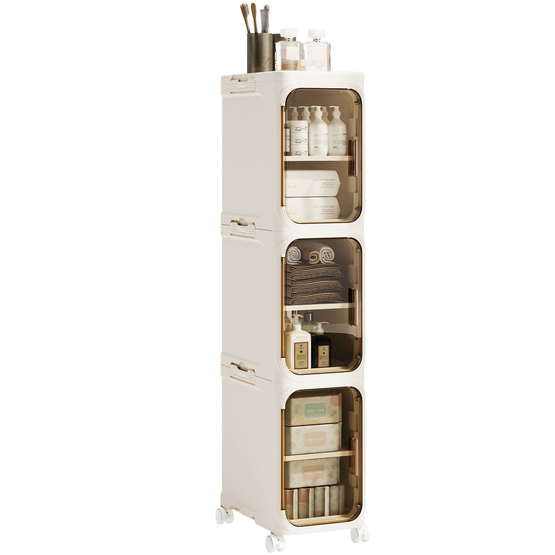 Narrow Storage Cabinet, Slim Bathromm Storage Cabinet With Wheels, Removable Partitions, Transparent Doors, Narrow Cabinet For Small Spaces, Bathroom, Bedroom, Living Room, Laundry