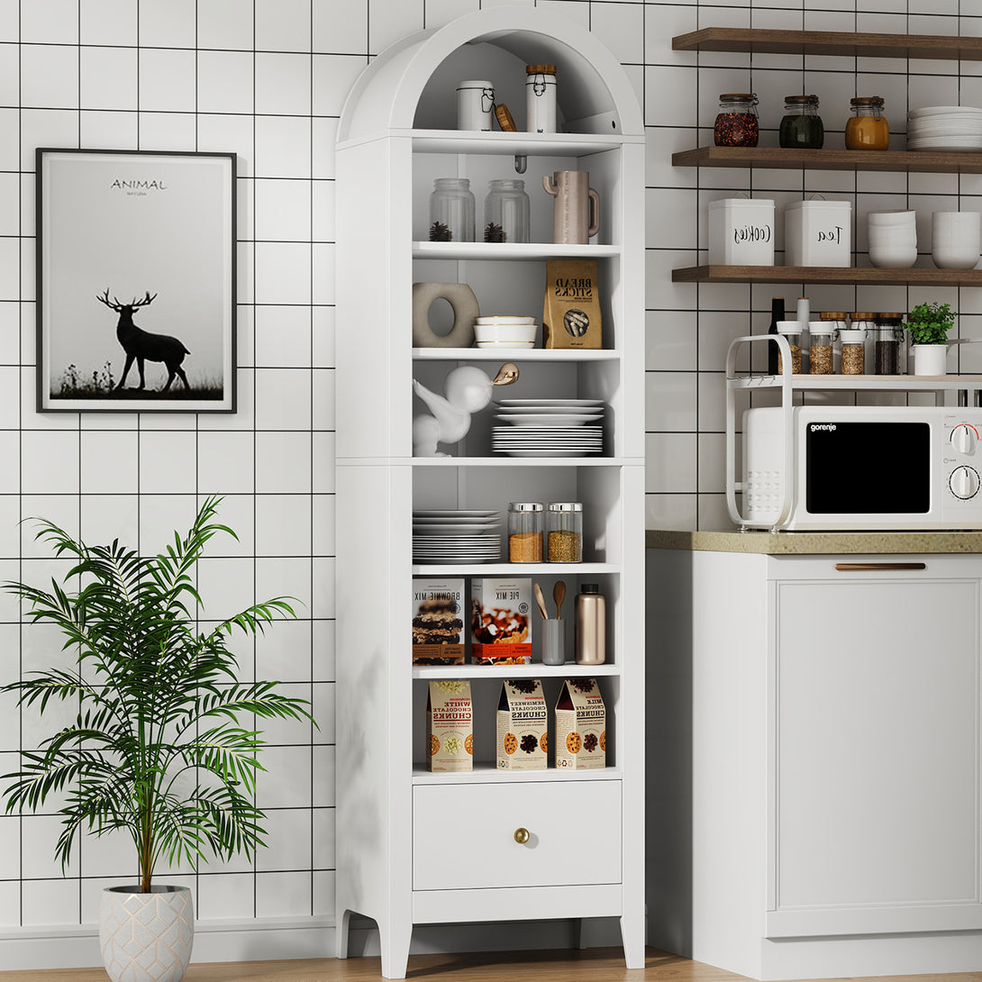 71" Arched Cabinet Tall Kitchen Pantry Cabinet, 8 Tiers Arched storage Cabinet with Doors and Shelves, Bookcase for Entryway, Hallway, Living Room