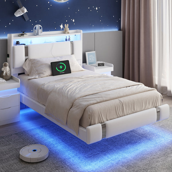 IDEALSOUL Twin Size Bed Frame with LED Lights,Floating Metal Platform Bed with Storage Headboard,No Box Spring Needed,Easy to Assemble (Twin，Pink)