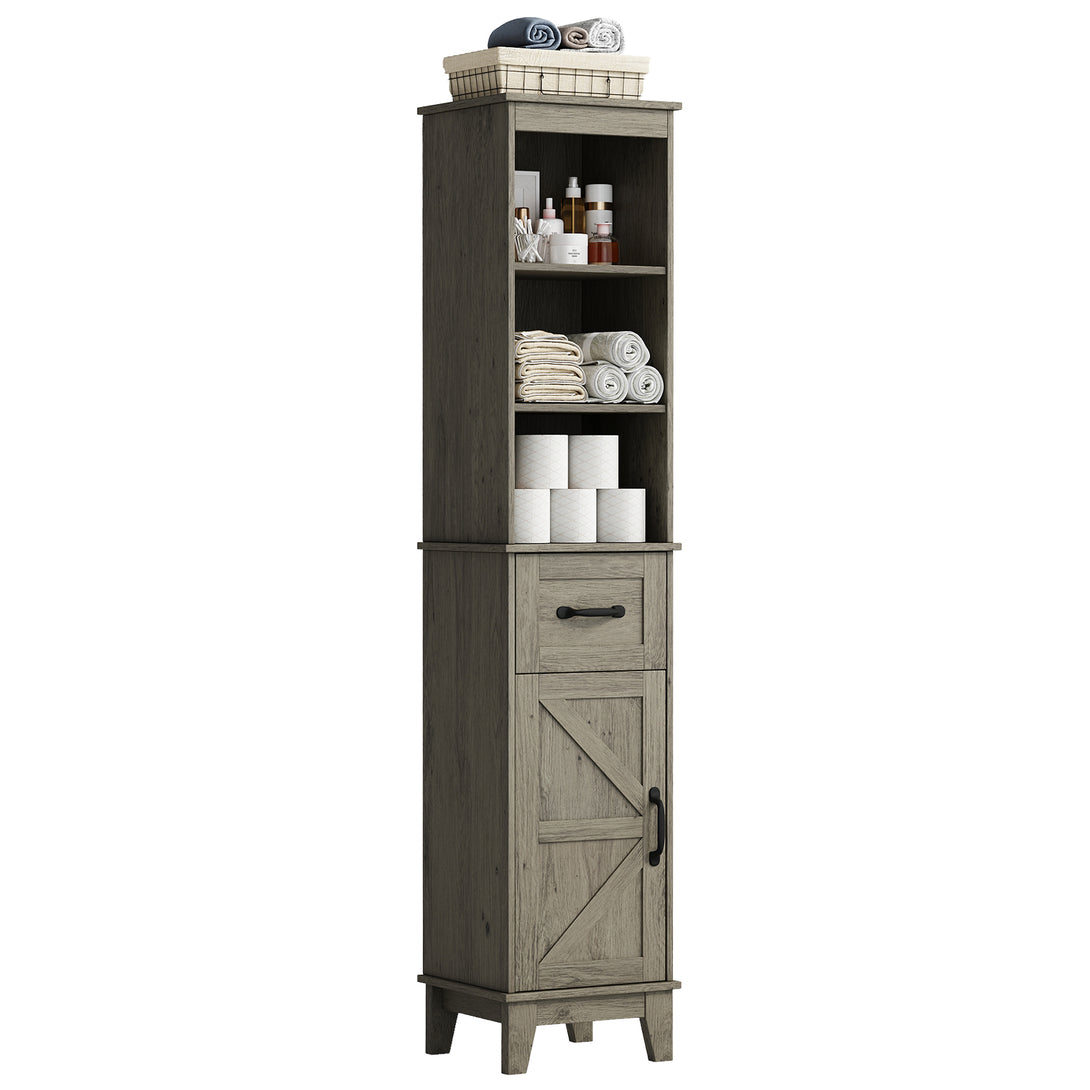 IDEALSOUL Tall Bathroom Storage Cabinet, Narrow Storage Cabinet, Freestanding Linen Cabinet with Barn Door and Drawer