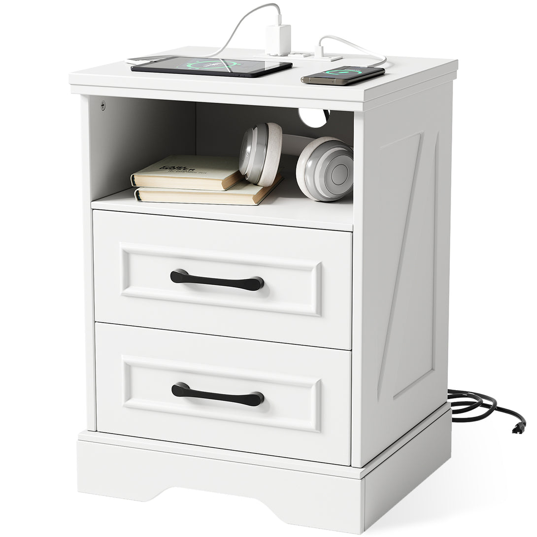 Nightstand with Charging Station, Farmhouse Nightstands with 2 Drawers Storage Side Table Bedside Cabinet for Bedroom Living Room