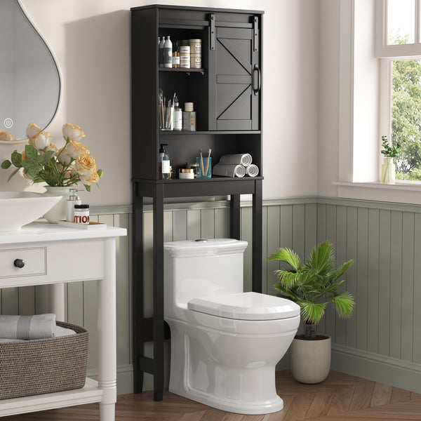 Rustic Storage Cabinet Over Toilet with Sliding Barn Door & Adjustable Shelves, Farmhouse Space Saver Organizer for Bathroom,Living Room, Black
