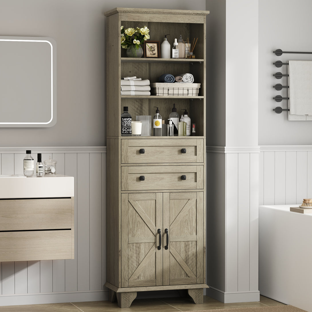 IDEALSOUL Tall Bathroom Storage Cabinet, 72" Farmhouse Storage Cabinet with 2 Drawers, Adjustable Shelves & Barn Door, Cabinet for Bathroom, Living Room, Kitchen