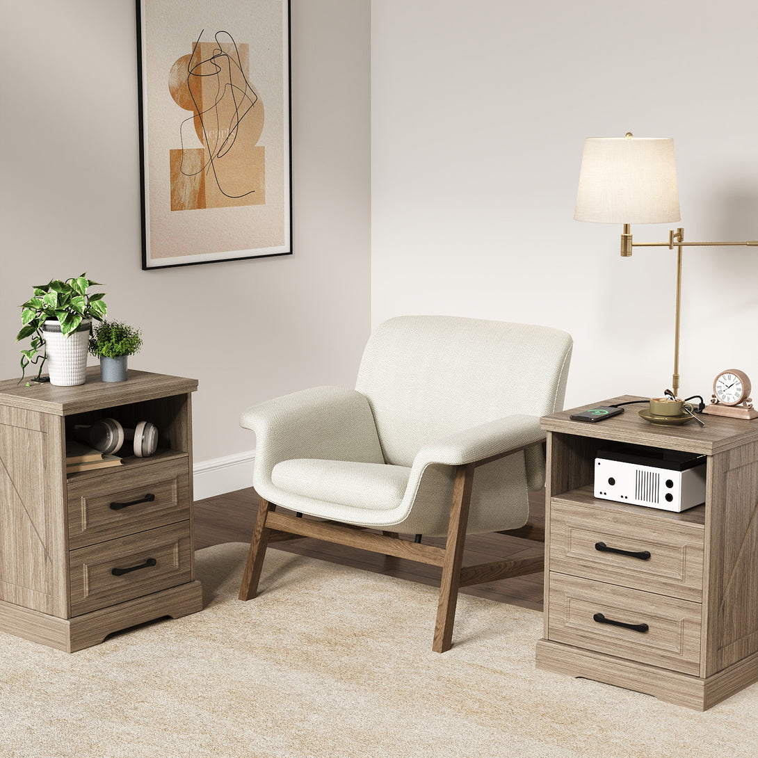 Nightstand with Charging Station, Farmhouse Nightstands with 2 Drawers Storage Side Table Bedside Cabinet for Bedroom Living Room
