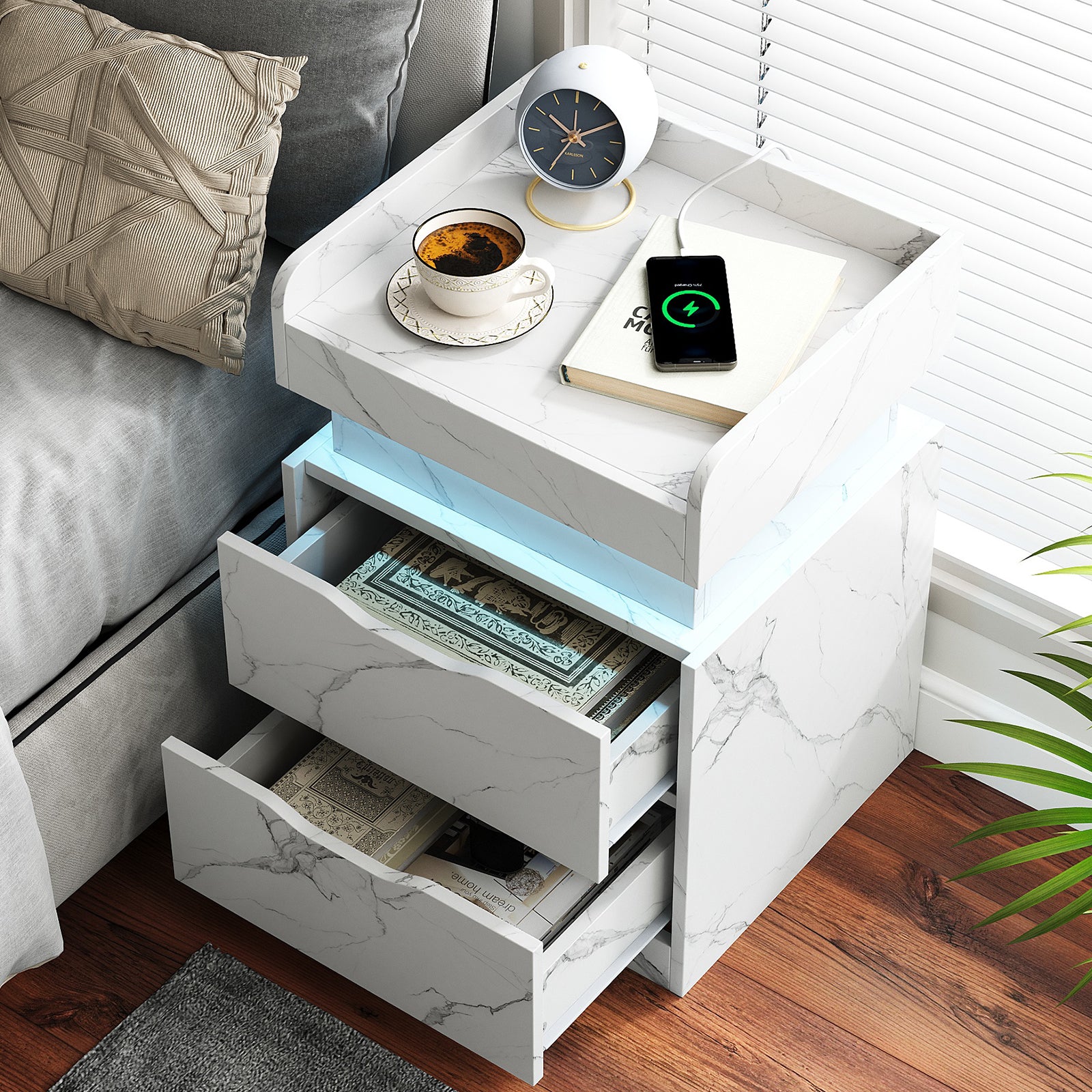 Nightstand with Charging Station, White Bedside Table LED Modern Night ...